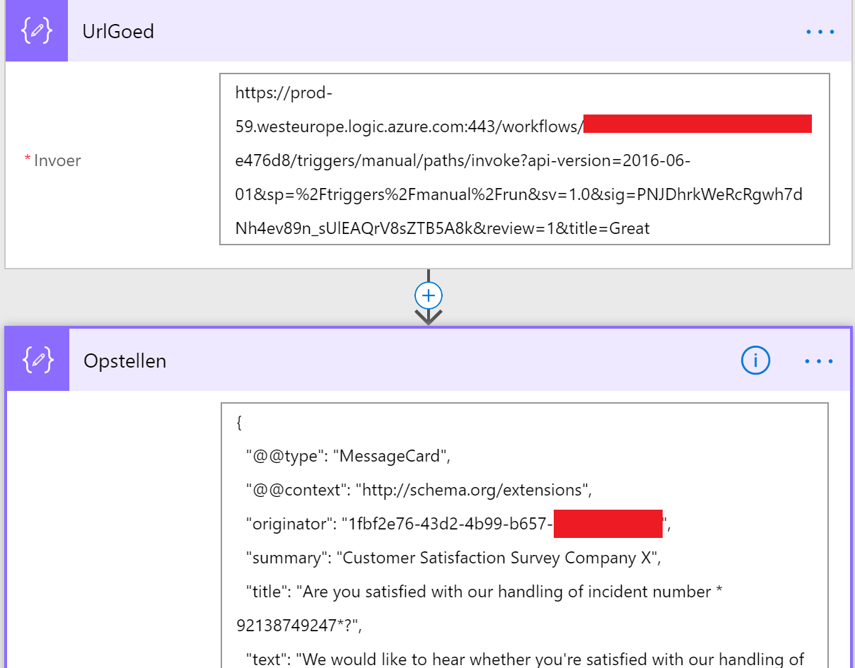 Step 2. Second URL and Compose action with MessageCard JSOn definition