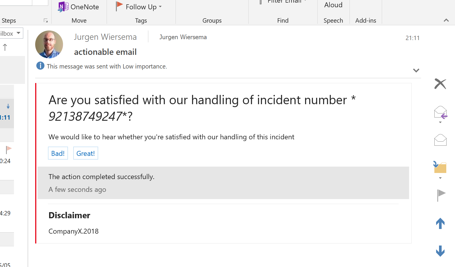 The actionable email, showing in Outlook, after the user has sent his feedback.