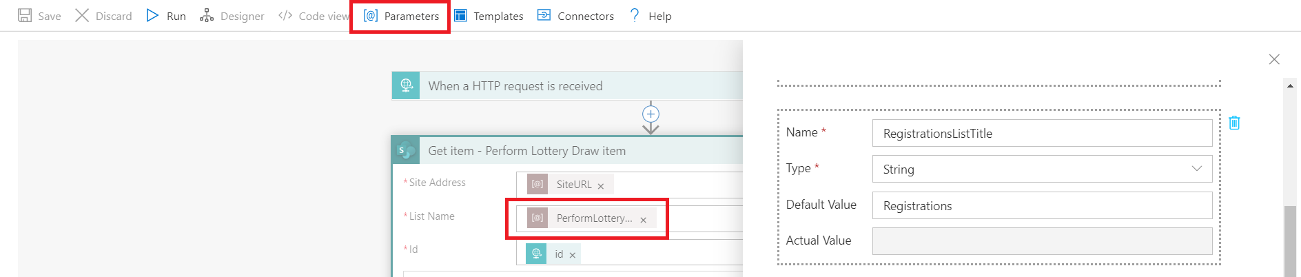 Logic App designer - parameters